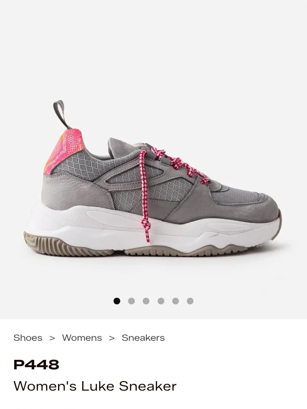 P448 Women's Luke Sneaker — Gray with Pink Accent.